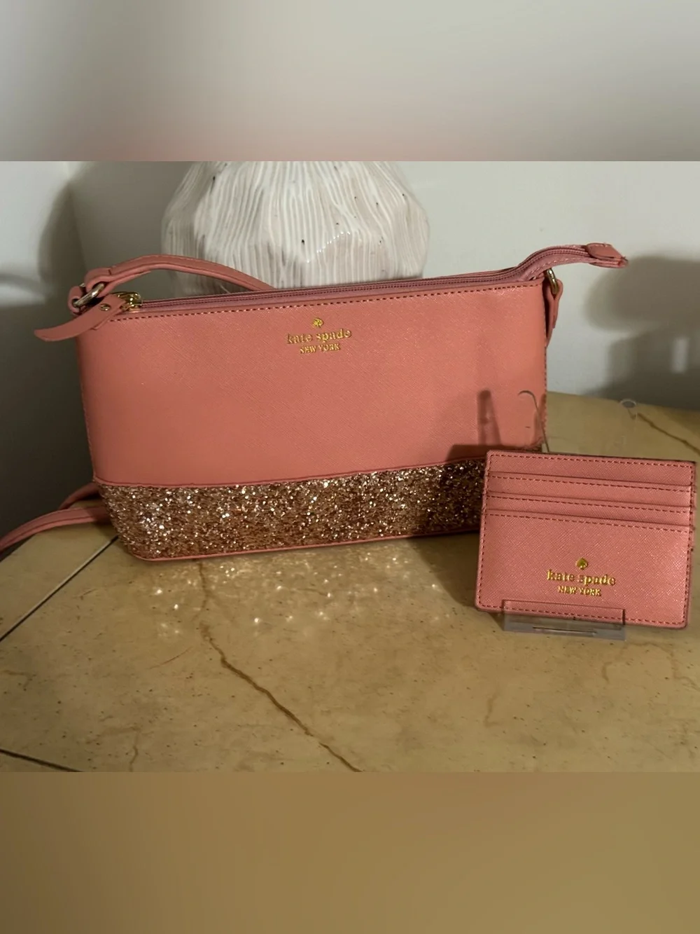 kate spade Coral Pink Crossbody with Glitter Trim & Matching Card Case